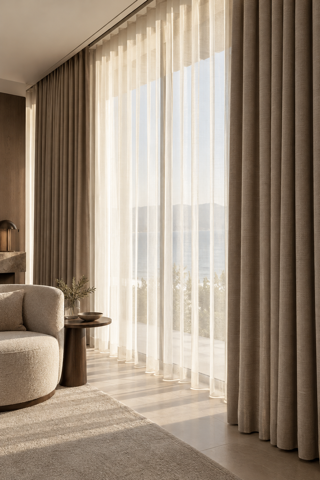 Layered sheer and blackout curtains in a refined interior