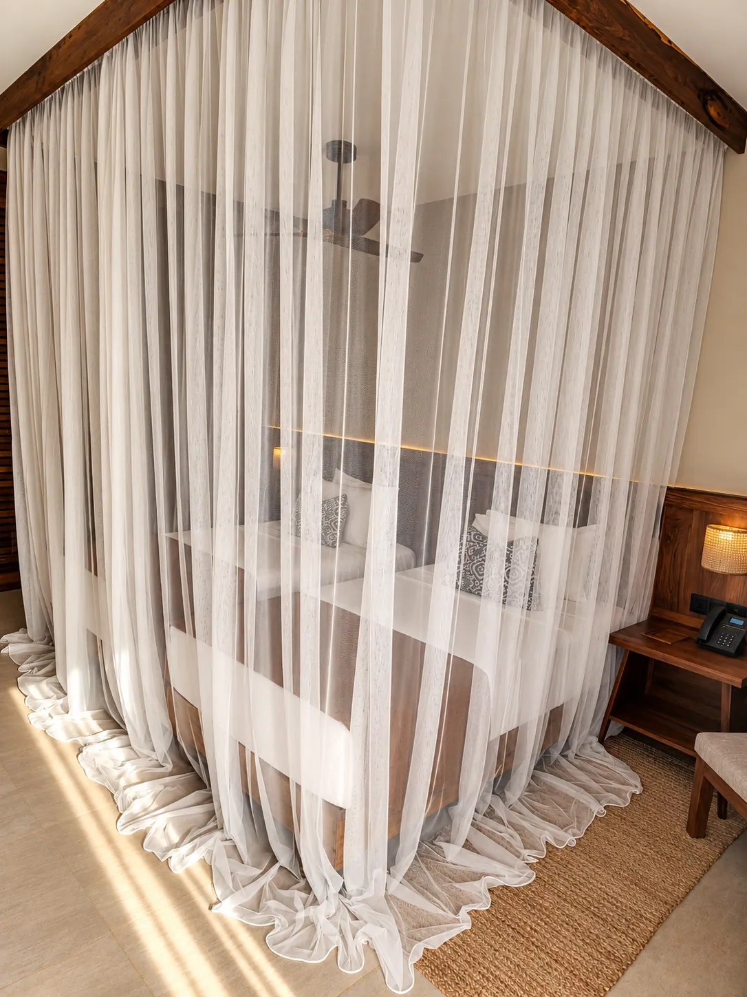 Hotel room curtains and furniture